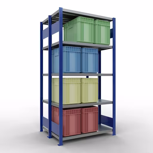 Produktbild Nr.6 des Artikels Grundregal, Doppelregal, Fachbodenregal Stecksystem MULTIplus250, 2000 x 1000 x (2x400) mm (HxBxT), 2x5 Fachböden, Längenriegel, RAL 5010 enzianblau aus der Produktreihe Fachbodenregale von der Marke Schulte Lagertechnik