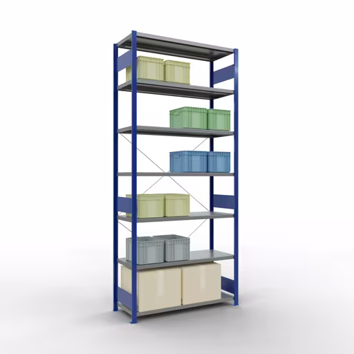 Abbildung Nr 11 des Artikels Grundregal, Fachbodenregal Stecksystem MULTIplus250, 3000 x 1300 x 500 mm (HxBxT), 7 Fachböden, Kreuzstrebe, RAL 5010 enzianblau/verzinkt aus der Produktgruppe Stecksystem von der Marke Schulte Lagertechnik