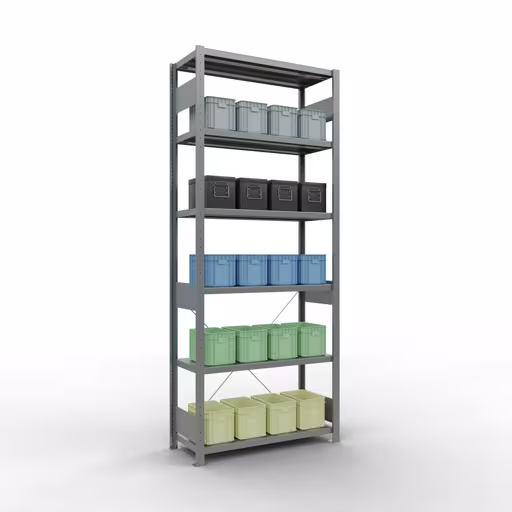 Produktbild Nr 14 des Artikels Grundregal, Fachbodenregal Stecksystem MULTIplus330, 2500 x 1000 x 400 mm (HxBxT), 6 Fachböden, Kreuzstrebe, verzinkt Abbildung Nr 14 des Artikels Grundregal, Fachbodenregal Stecksystem MULTIplus330, 2500 x 1000 x 400 mm (HxBxT), 6 Fachböden, Kreuzstrebe, verzinkt aus der Produktgruppe Stecksystem von der Marke Schulte Lagertechnik