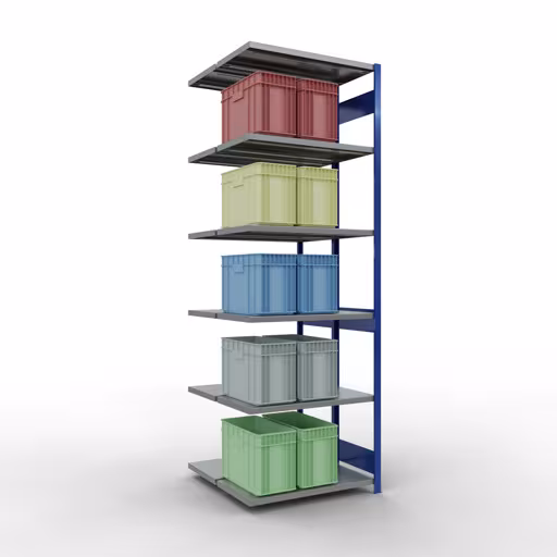 Andere Ansicht des Artikels Anbauregal, Doppelregal, Fachbodenregal Stecksystem MULTIplus250, 3000 x 1000 x (2x500) mm (HxBxT), 2x7 Fachböden, Längenriegel, RAL 5010 enzianblau aus der Kategorie Doppelregale