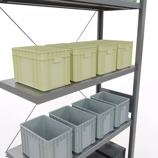 Abbildung Nr 13 des Artikels Anbauregal, Fachbodenregal Stecksystem MULTIplus330, 3000 x 1000 x 400 mm (HxBxT), 7 Fachböden, Kreuzstrebe, verzinkt aus der Produktgruppe Stecksystem von der Marke Schulte Lagertechnik