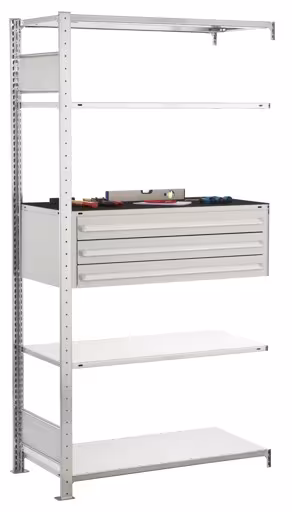 Anbauregal, Schubladenregal MULTIplus150, 2000 x 1000 x 500 mm (HxBxT), 4 MULTIplus150-Fachböden, 1 Stück 3er Schubladenset, verzinkt aus der Kategorie Schubladenregale mit der Artikelnummer 14685