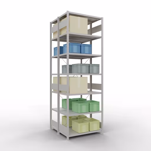 Grundregal, Doppelregal, Fachbodenregal Stecksystem MULTIplus250, 3000 x 1000 x (2x500) mm (HxBxT), 2x7 Fachböden, Kreuzstrebe, RAL 7035 lichtgrau von Schulte Lagertechnik mit der Artikelnr. 32152-G