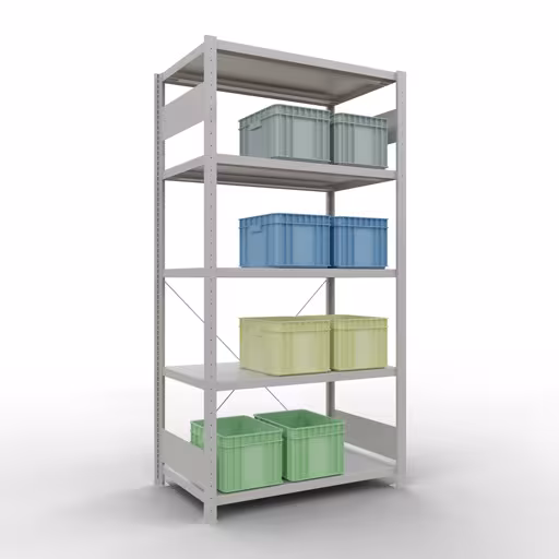 Grundregal, Fachbodenregal Stecksystem MULTIplus250, 2000 x 1000 x 600 mm (HxBxT), 5 Fachböden, Kreuzstrebe, RAL 7035 lichtgrau von Schulte Lagertechnik mit der Artikelnr. 32860