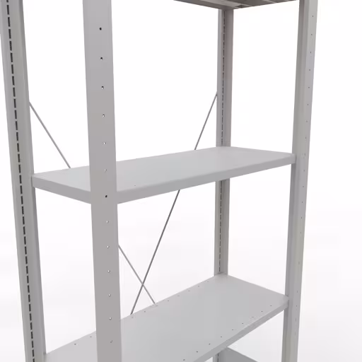 Zusatzbild des Artikels Grundregal, Fachbodenregal Stecksystem MULTIplus150, 2000 x 750 x 300 mm (HxBxT), 5 Fachböden, Kreuzstrebe, RAL 7035 lichtgrau aus Grundregal