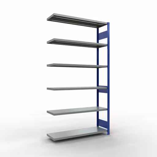 Anbauregal, Fachbodenregal Stecksystem MULTIplus250, 2500 x 1300 x 400 mm (HxBxT), 6 Fachböden, Längenriegel, RAL 5010 enzianblau/verzinkt aus der Kategorie Anbauregal mit der Artikelnummer 12946-130-LR-B