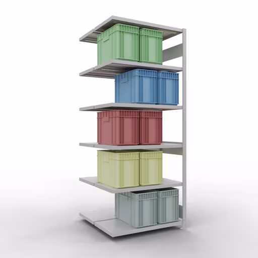 Andere Ansicht des Artikels Anbauregal, Doppelregal, Fachbodenregal Stecksystem MULTIplus250, 2500 x 1000 x (2x500) mm (HxBxT), 2x6 Fachböden, Längenriegel, RAL 7035 lichtgrau aus der Kategorie Fachbodenregale