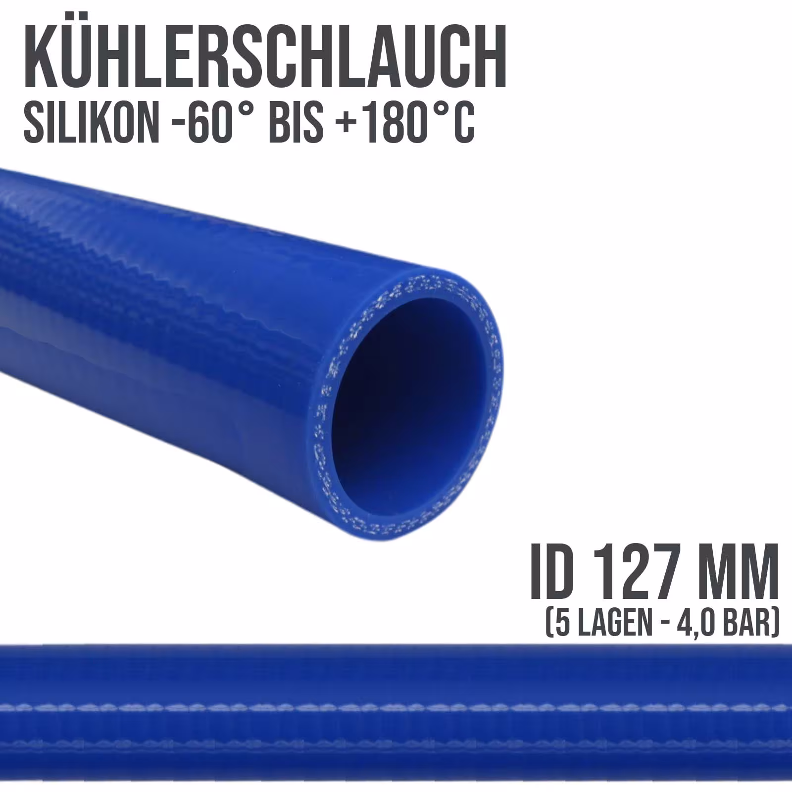 127 x 137 mm Kühler Silikon LLK Ladeluft Kühlmittel Schlauch blau PN 4,0 bar - Fixlänge 1 m aus der Kategorie Kühlwasserschläuche mit der Artikelnummer KSS127-1000GA