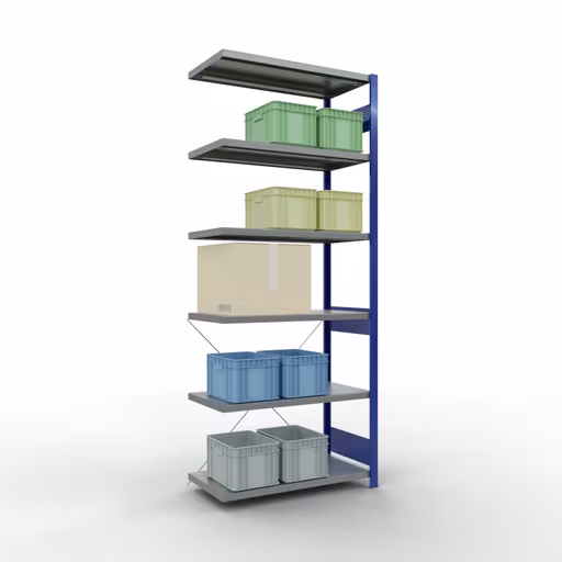 Anbauregal, Fachbodenregal Stecksystem MULTIplus250, 2500 x 1000 x 500 mm (HxBxT), 6 Fachböden, Kreuzstrebe, RAL 5010 enzianblau/verzinkt von der Marke Schulte Lagertechnik aus der Produktreihe Stecksystem
