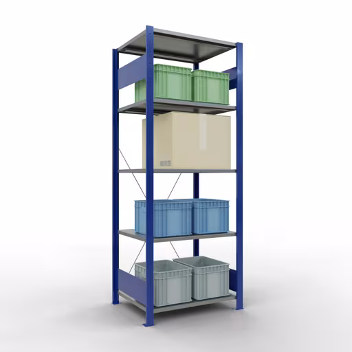 Produktbild Nr.6 des Artikels Grundregal, Fachbodenregal Stecksystem MULTIplus150, 2000 x 750 x 600 mm (HxBxT), 5 Fachböden, Kreuzstrebe, RAL 5010 enzianblau/verzinkt/verzinkt aus der Produktreihe Stecksystem von der Marke Schulte Lagertechnik