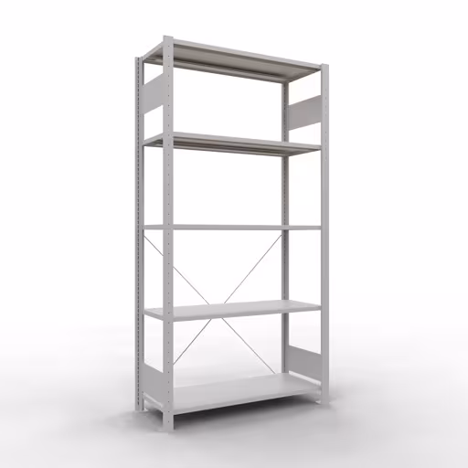 Grundregal, Fachbodenregal Stecksystem MULTIplus85, 2000 x 1000 x 400 mm (HxBxT), 5 Fachböden, Kreuzstrebe, RAL 7035 lichtgrau aus der Kategorie Grundregal mit der Artikelnummer 33040