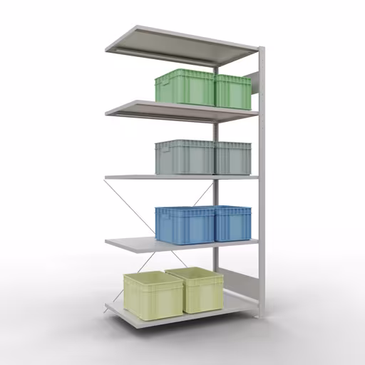 Abbildung Nr 15 des Artikels Anbauregal, Fachbodenregal Stecksystem MULTIplus150, 2000 x 1000 x 600 mm (HxBxT), 5 Fachböden, Kreuzstrebe, RAL 7035 lichtgrau aus der Produktgruppe Stecksystem von der Marke Schulte Lagertechnik
