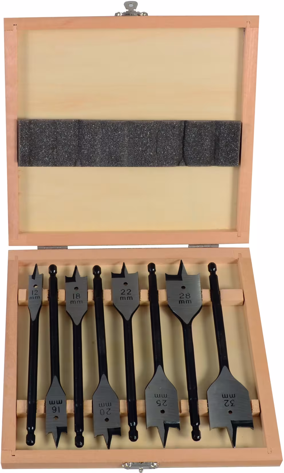 Flachholzbohrer-Set 8 teilig Durchmesser 12-16-18-20-22-25-28-32 mm aus der Kategorie Bohrer mit der Artikelnummer 19699