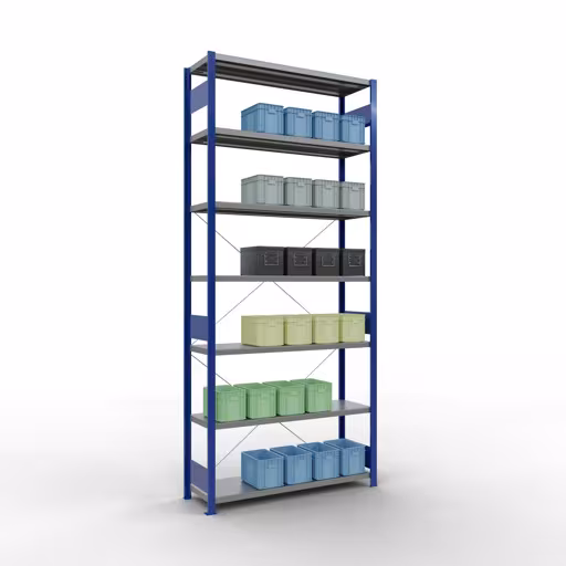 Grundregal, Fachbodenregal Stecksystem MULTIplus250, 3000 x 1300 x 400 mm (HxBxT), 7 Fachböden, Kreuzstrebe, RAL 5010 enzianblau/verzinkt von Schulte Lagertechnik mit der Artikelnr. 12942-130-B