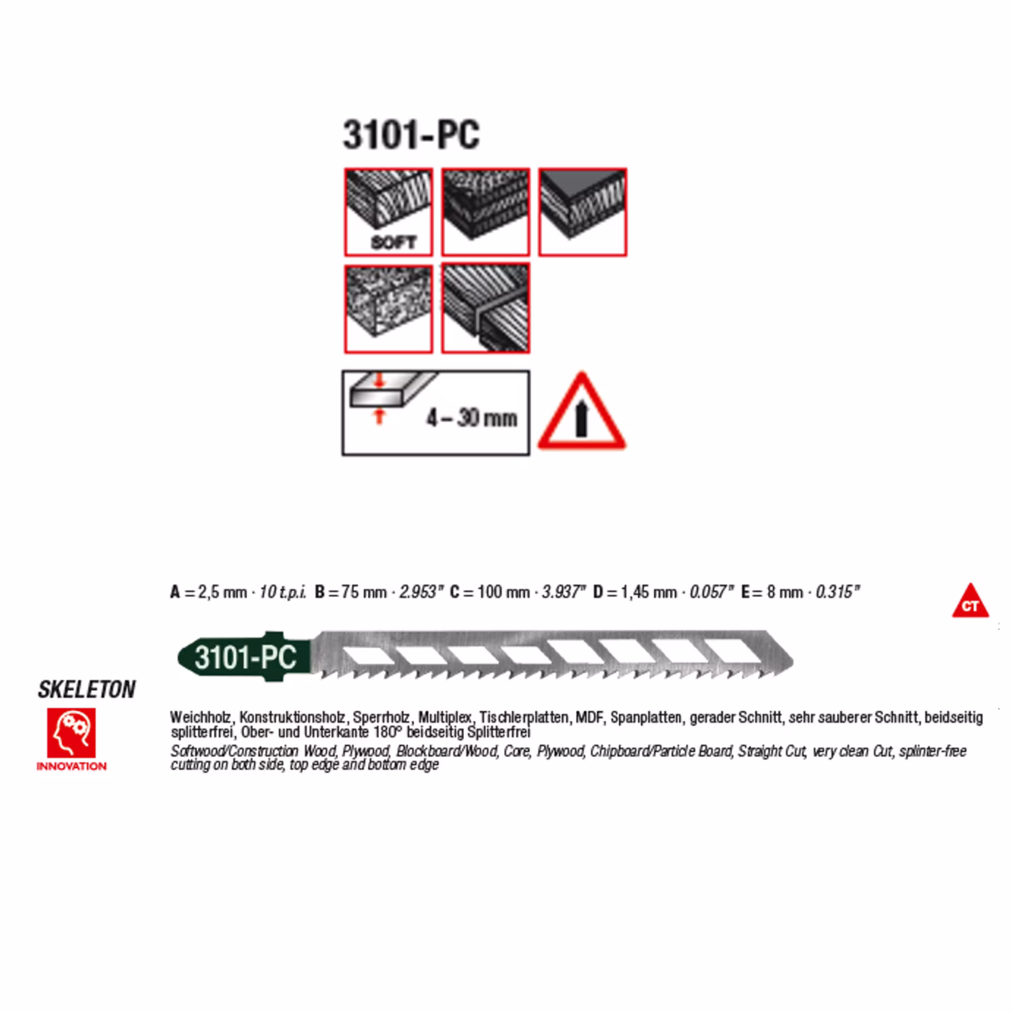 CV-Stichsägeblatt geschliffen, konisch, Skeleton Gesamtlänge 100/verzahnte Länge 75mm, Zahnteilung 2,5mm von MPS mit der Artikelnr. 3101-PC-5