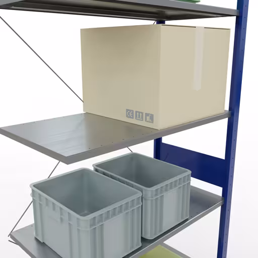 Zusatzbild des Artikels Anbauregal, Fachbodenregal Stecksystem MULTIplus150, 3000 x 1000 x 500 mm (HxBxT), 7 Fachböden, Kreuzstrebe, RAL 5010/verzinkt aus Anbauregal