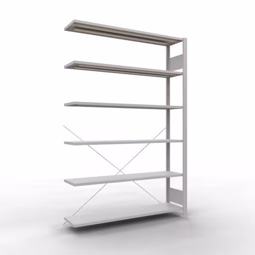 Anbauregal, Büro-Fachbodenregal Stecksystem MULTIplus85, 2000 x 1300 x 300 mm (HxBxT), 6 Fachböden, Kreuzstrebe, ohne Anschlagleiste, lichtgrau von der Marke Schulte Lagertechnik Anbauregal, Büro-Fachbodenregal Stecksystem MULTIplus85, 2000 x 1300 x 300 mm (HxBxT), 6 Fachböden, Kreuzstrebe, ohne Anschlagleiste, lichtgrau aus der Kategorie Stecksystem mit der Artikelnummer 36029