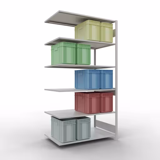 Andere Ansicht des Artikels Anbauregal, Fachbodenregal Stecksystem MULTIplus150, 2500 x 1300 x 800 mm (HxBxT), 6 Fachböden, Längenriegel, RAL 7035 lichtgrau aus der Kategorie Anbauregal