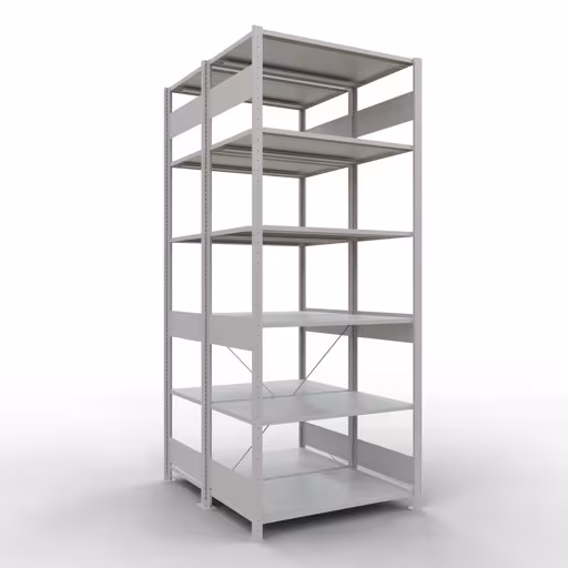Grundregal, Doppelregal, Fachbodenregal Stecksystem MULTIplus150, 2500 x 1000 x (2x600) mm (HxBxT), 2x6 Fachböden, Kreuzstrebe, RAL 7035 lichtgrau aus der Kategorie Doppelregale mit der Artikelnummer 32761