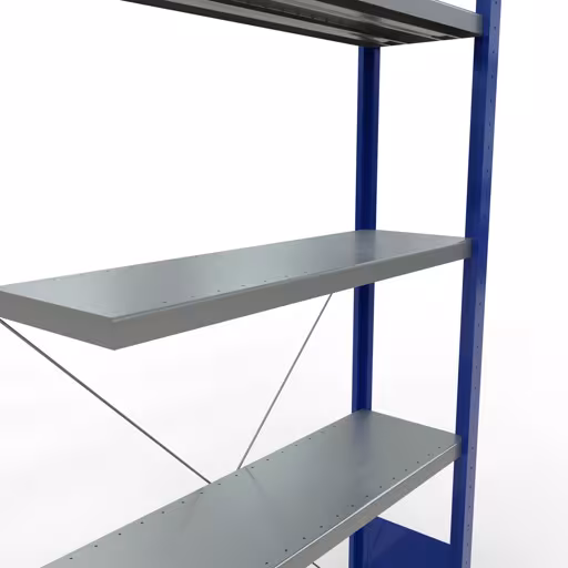 Anbauregal, Fachbodenregal Stecksystem MULTIplus330, 2000 x 1000 x 300 mm (HxBxT), 5 Fachböden, Kreuzstrebe, RAL 5010 enzianblau/verzinkt von der Marke Schulte Lagertechnik aus der Produktreihe Stecksystem