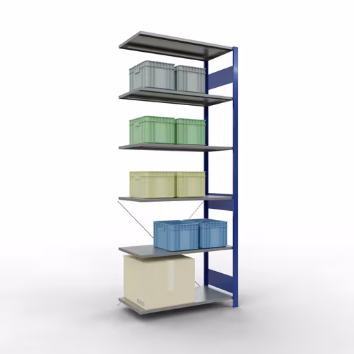 Abbildung Nr 14 des Artikels Anbauregal, Fachbodenregal Stecksystem MULTIplus85, 2500 x 1000 x 500 mm (HxBxT), 6 Fachböden, Kreuzstrebe, RAL 5010 enzianblau aus der Produktgruppe Stecksystem von der Marke Schulte Lagertechnik