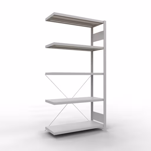 Anbauregal, Fachbodenregal Stecksystem MULTIplus330, 2000 x 1000 x 400 mm (HxBxT), 5 Fachböden, Kreuzstrebe, RAL 7035 lichtgrau aus der Kategorie Anbauregal mit der Artikelnummer 33845
