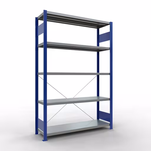 Grundregal, Fachbodenregal Stecksystem MULTIplus250, 2000 x 1300 x 400 mm (HxBxT), 5 Fachböden, Kreuzstrebe, RAL 5010 enzianblau/verzinkt aus der Kategorie Grundregal mit der Artikelnummer 12940-130-B