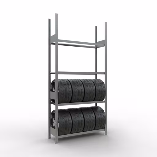 Grundregal, Räder-/Reifenregal, 2750 x 1300 x 400 mm (HxBxT), verzinkt, 4 Lagerebenen á 150 kg Fachlast pro Ebene aus der Kategorie Autoteilelagerung mit der GTIN 4058255010394 Grundregal, Räder-/Reifenregal, 2750 x 1300 x 400 mm (HxBxT), verzinkt, 4 Lagerebenen á 150 kg Fachlast pro Ebene von der Marke Schulte Lagertechnik aus der Produktreihe Fachbodenregale