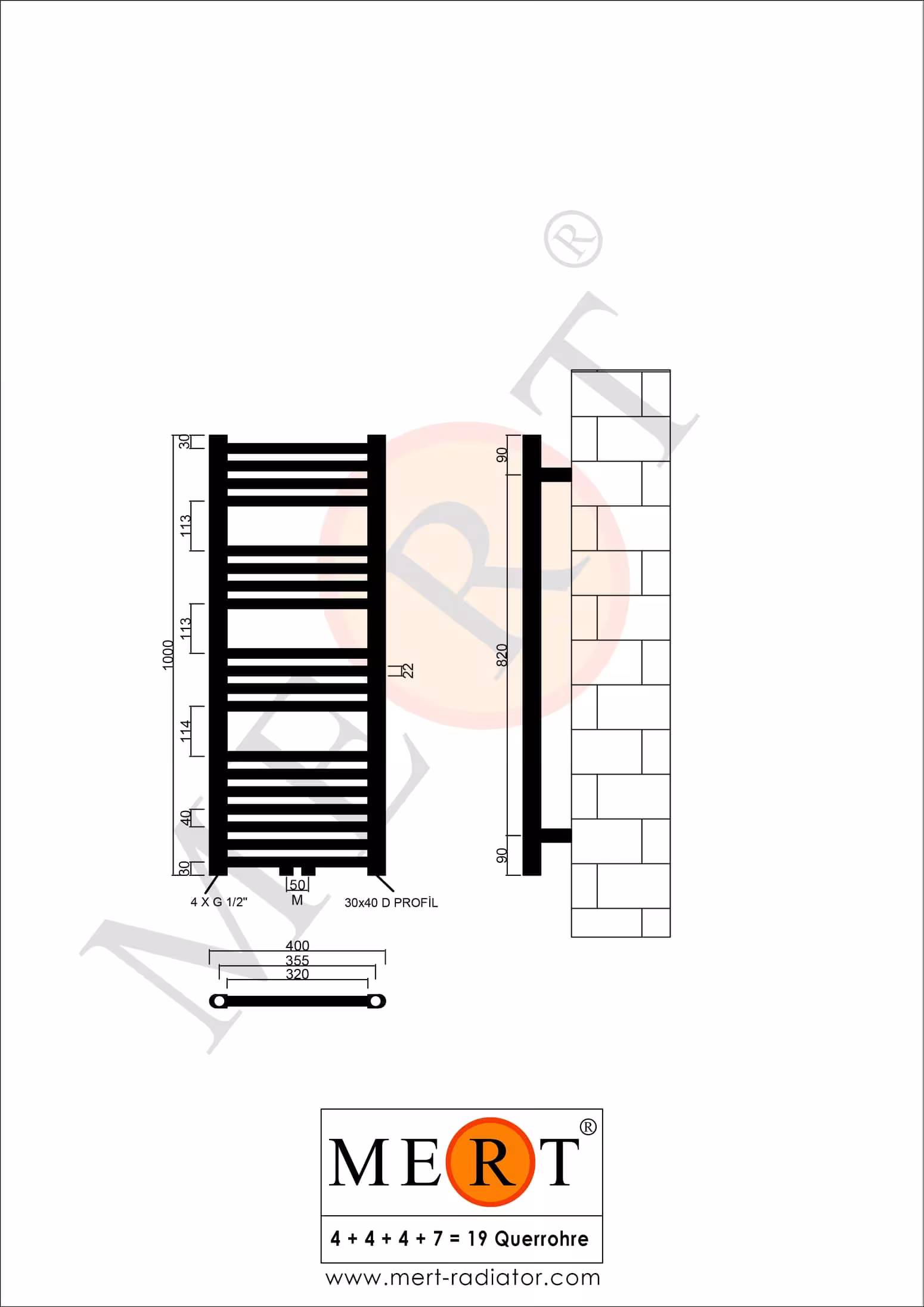 MERT Badheizkörper weiß gerade, 400*1000 mm, Mittelanschluss von der Marke MERT aus der Kategorie Heizkörper