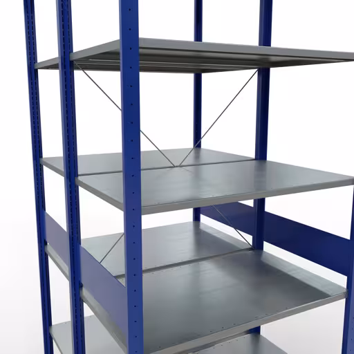 Produktbild Nr.6 des Artikels Grundregal, Doppelregal, Fachbodenregal Stecksystem MULTIplus150, 3000 x 1000 x (2x1200) mm (HxBxT), 2x7 Fachböden, Kreuzstrebe, RAL 5010 enzianblau aus der Produktreihe Fachbodenregale von der Marke Schulte Lagertechnik
