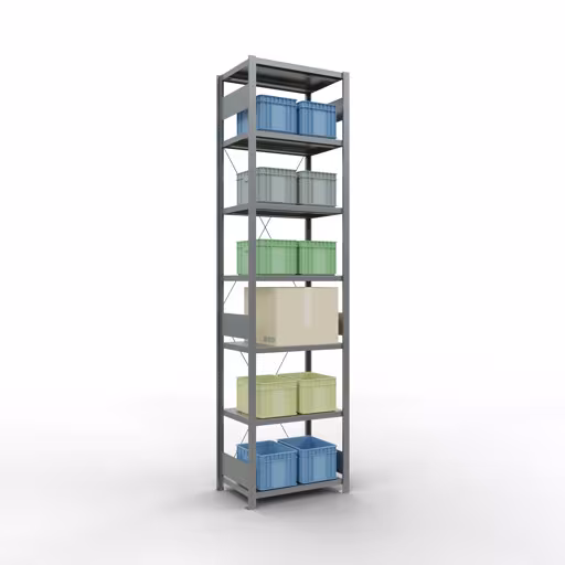 Produktbild Nr 12 des Artikels Grundregal, Fachbodenregal Stecksystem MULTIplus250, 3000 x 750 x 500 mm (HxBxT), 7 Fachböden, Kreuzstrebe, verzinkt Abbildung Nr 12 des Artikels Grundregal, Fachbodenregal Stecksystem MULTIplus250, 3000 x 750 x 500 mm (HxBxT), 7 Fachböden, Kreuzstrebe, verzinkt aus der Produktgruppe Stecksystem von der Marke Schulte Lagertechnik