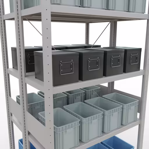 Produktbild Nr.7 des Artikels Grundregal, Doppelregal, Fachbodenregal Stecksystem MULTIplus250, 3000 x 1000 x (2x400) mm (HxBxT), 2x7 Fachböden, Kreuzstrebe, RAL 7035 lichtgrau aus der Produktreihe Fachbodenregale von der Marke Schulte Lagertechnik