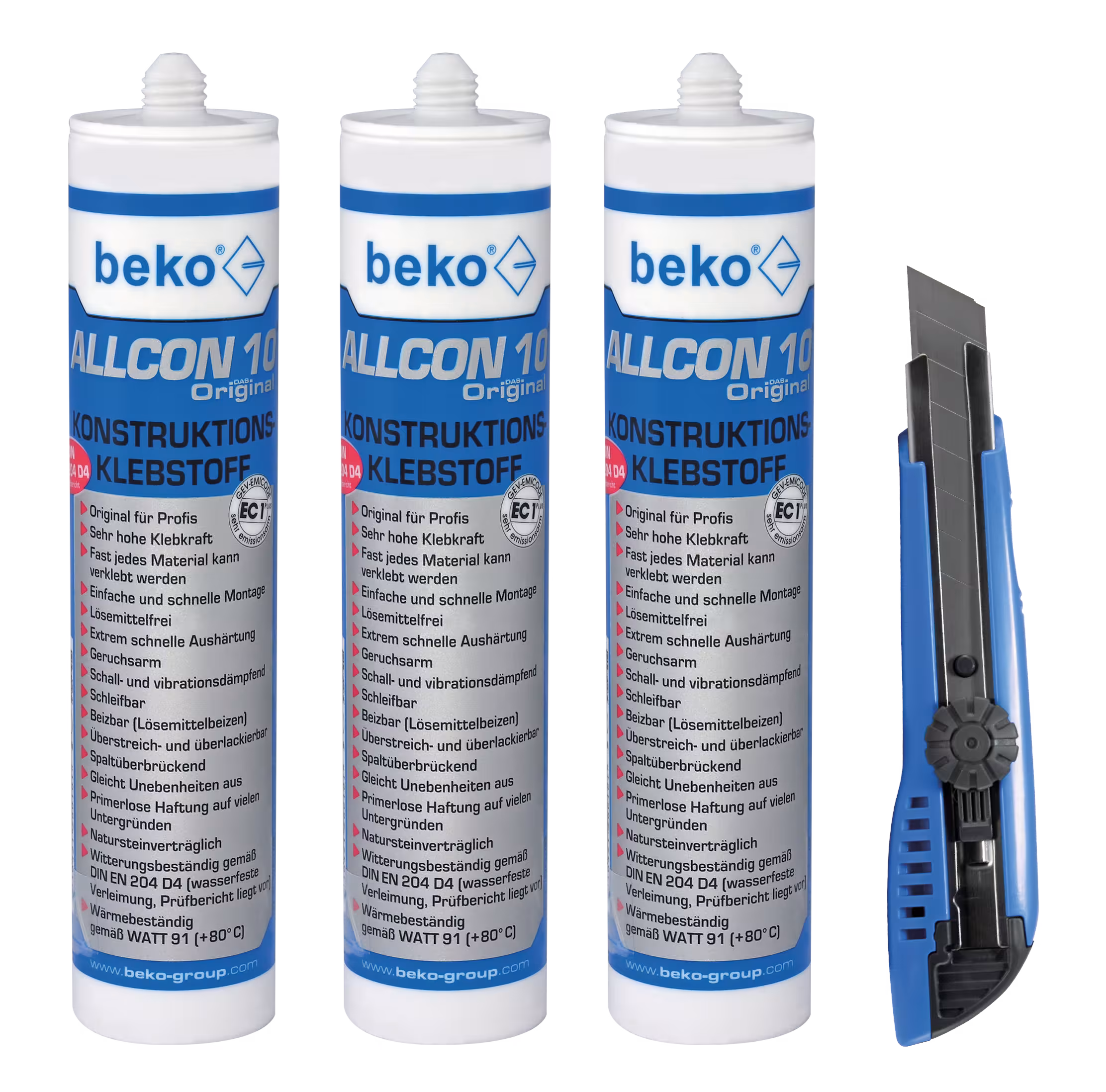 3 x Allcon 10® 310 ml, 1 x Japan-Cutter blau inkl. 3 Klingen aus der Kategorie Montagekleber mit der Artikelnr. 999 95 033