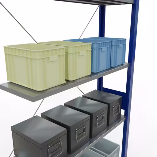 Abbildung Nr 8 des Artikels Anbauregal, Fachbodenregal Stecksystem MULTIplus85, 3000 x 1000 x 300 mm (HxBxT), 7 Fachböden, Kreuzstrebe, RAL 5010 enzianblau aus der Produktgruppe Stecksystem von der Marke Schulte Lagertechnik