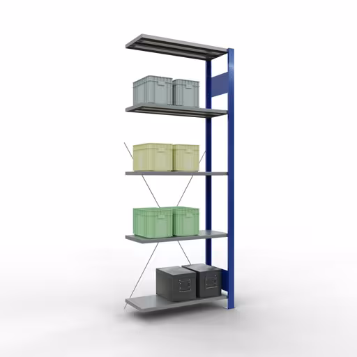 Produktbild Nr.6 des Artikels Anbauregal, Fachbodenregal Stecksystem MULTIplus150, 2000 x 750 x 300 mm (HxBxT), 5 Fachböden, Kreuzstrebe, RAL 5010 enzianblau/verzinkt/verzinkt aus der Produktreihe Stecksystem von der Marke Schulte Lagertechnik