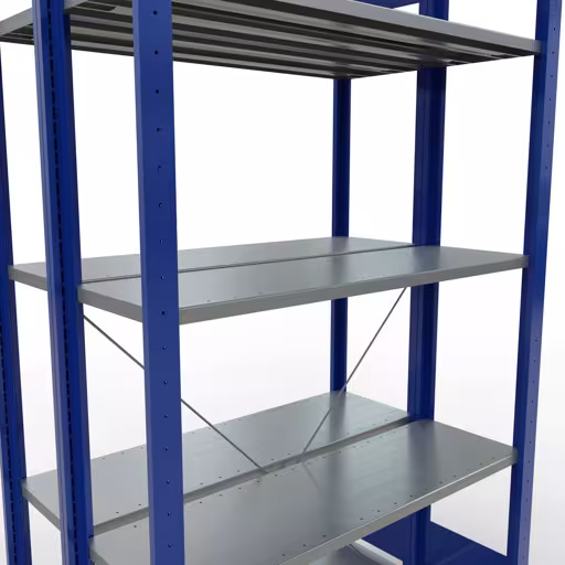 Produktbild Nr.7 des Artikels Grundregal, Doppelregal, Fachbodenregal Stecksystem MULTIplus150, 2000 x 1000 x (2x300) mm (HxBxT), 2x5 Fachböden, Kreuzstrebe, RAL 5010 enzianblau aus der Produktreihe Fachbodenregale von der Marke Schulte Lagertechnik