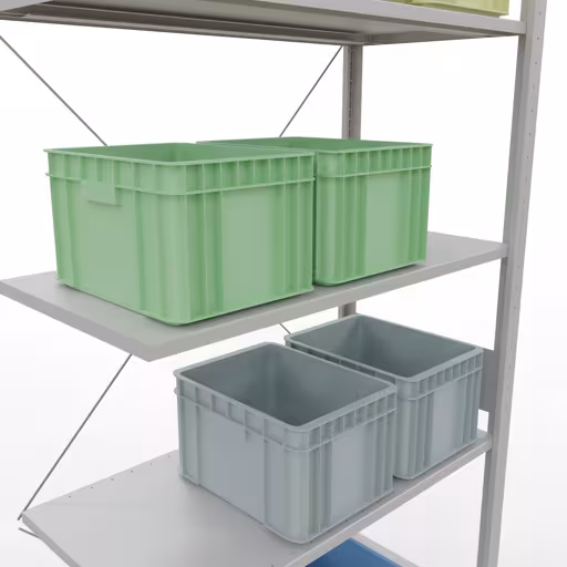 Abbildung Nr 14 des Artikels Anbauregal, Fachbodenregal Stecksystem MULTIplus150, 3000 x 1000 x 500 mm (HxBxT), 7 Fachböden, Kreuzstrebe, RAL 7035 lichtgrau aus der Produktgruppe Stecksystem von der Marke Schulte Lagertechnik