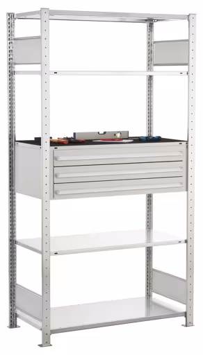Grundregal, Schubladenregal MULTIplus150, 2000 x 1000 x 500 mm (HxBxT), 4 MULTIplus150-Fachböden, 1 Stück 3er Schubladenset, verzinkt aus der Kategorie Schubladenregale mit der Artikelnummer 14680