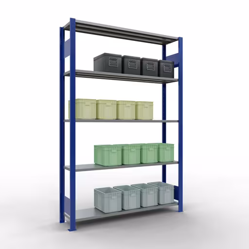Zusatzbild des Artikels Grundregal, Fachbodenregal Stecksystem MULTIplus150, 2000 x 1300 x 300 mm (HxBxT), 5 Fachböden, Längenriegel, RAL 5010 enzianblau/verzinkt aus Grundregal