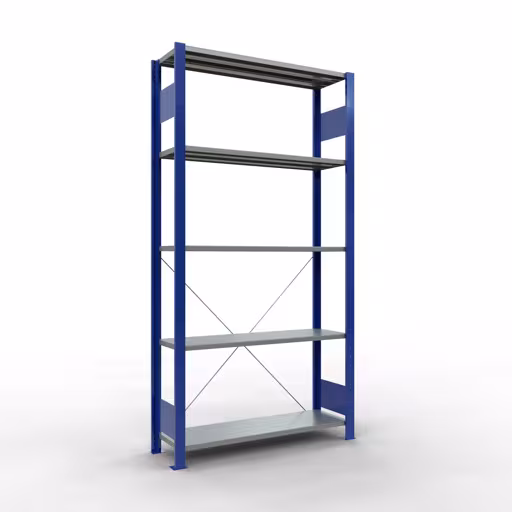 Grundregal, Fachbodenregal Stecksystem MULTIplus85, 2000 x 1000 x 300 mm (HxBxT), 5 Fachböden, Kreuzstrebe, RAL 5010 enzianblau aus der Kategorie Grundregal mit der Artikelnummer 13130-B