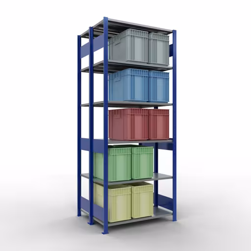 Produktbild Nr.6 des Artikels Grundregal, Doppelregal, Fachbodenregal Stecksystem MULTIplus150, 2500 x 1000 x (2x400) mm (HxBxT), 2x6 Fachböden, Längenriegel, RAL 5010 enzianblau aus der Produktreihe Fachbodenregale von der Marke Schulte Lagertechnik