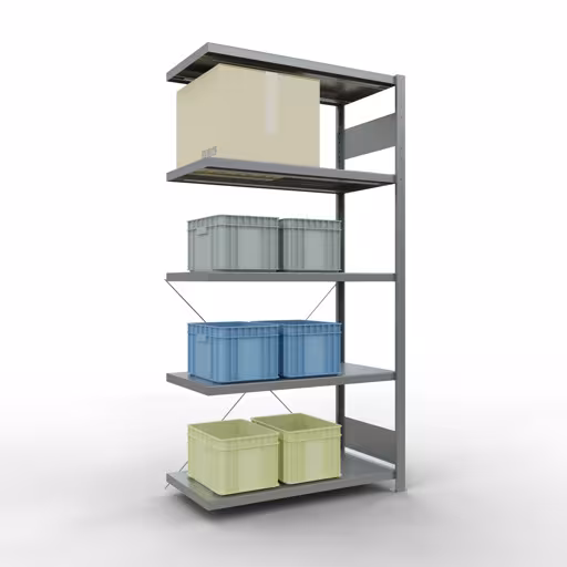 Abbildung Nr 8 des Artikels Anbauregal, Fachbodenregal Stecksystem MULTIplus330, 2000 x 1000 x 500 mm (HxBxT), 5 Fachböden, Kreuzstrebe, verzinkt aus der Produktgruppe Stecksystem von der Marke Schulte Lagertechnik
