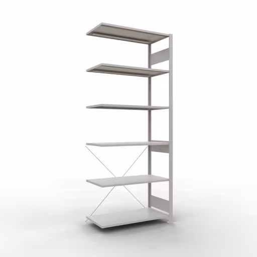 Anbauregal, Fachbodenregal Stecksystem MULTIplus85, 2500 x 1000 x 500 mm (HxBxT), 6 Fachböden, Kreuzstrebe, RAL 7035 lichtgrau aus der Kategorie Anbauregal mit der Artikelnummer 33056
