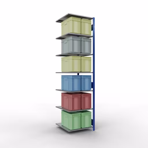 Andere Ansicht des Artikels Anbauregal, Fachbodenregal Stecksystem MULTIplus150, 3000 x 750 x 800 mm (HxBxT), 7 Fachböden, Längenriegel, RAL 5010 enzianblau/verzinkt/verzinkt aus der Kategorie Anbauregal