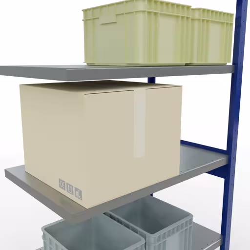 Zusatzbild des Artikels Anbauregal, Fachbodenregal Stecksystem MULTIplus250, 2500 x 1000 x 600 mm (HxBxT), 6 Fachböden, Längenriegel, RAL 5010 enzianblau/verzinkt aus Anbauregal