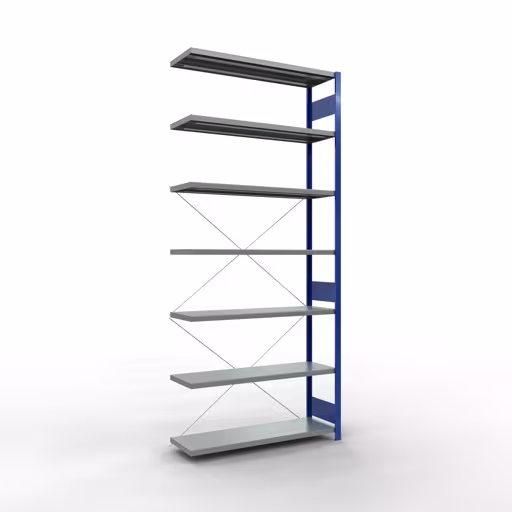 Anbauregal, Fachbodenregal Stecksystem MULTIplus250, 3000 x 1300 x 400 mm (HxBxT), 7 Fachböden, Kreuzstrebe, RAL 5010 enzianblau/verzinkt aus der Kategorie Anbauregal mit der Artikelnummer 12947-130-B
