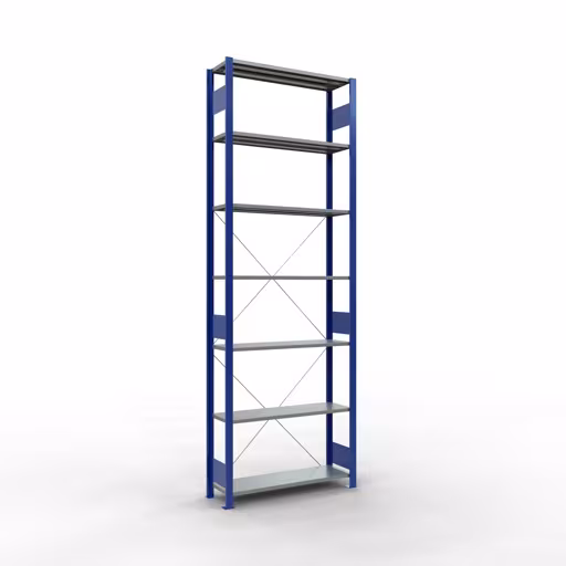 Grundregal, Fachbodenregal Stecksystem MULTIplus85, 3000 x 1000 x 300 mm (HxBxT), 7 Fachböden, Kreuzstrebe, RAL 5010 enzianblau von der Marke Schulte Lagertechnik Grundregal, Fachbodenregal Stecksystem MULTIplus85, 3000 x 1000 x 300 mm (HxBxT), 7 Fachböden, Kreuzstrebe, RAL 5010 enzianblau aus der Kategorie Grundregal mit der Artikelnummer 13132-B