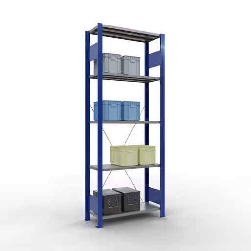 Grundregal, Fachbodenregal Stecksystem MULTIplus150, 2000 x 750 x 300 mm (HxBxT), 5 Fachböden, Kreuzstrebe, RAL 5010 enzianblau/verzinkt/verzinkt von der Marke Schulte Lagertechnik aus der Produktreihe Stecksystem