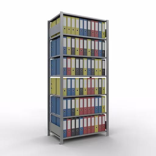 Grundregal, Büro-Fachbodenregal Stecksystem MULTIplus150, 2300 x 1000 x 600 mm (HxBxT), 7 Fachböden, Längenriegel, verzinkt, mit Mittelanschlag von der Marke Schulte Lagertechnik aus der Produktreihe Büroregale