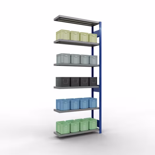 Abbildung Nr 10 des Artikels Anbauregal, Fachbodenregal Stecksystem MULTIplus330, 2500 x 1000 x 300 mm (HxBxT), 6 Fachböden, Längenriegel, RAL 5010 enzianblau/verzinkt aus der Produktgruppe Stecksystem von der Marke Schulte Lagertechnik